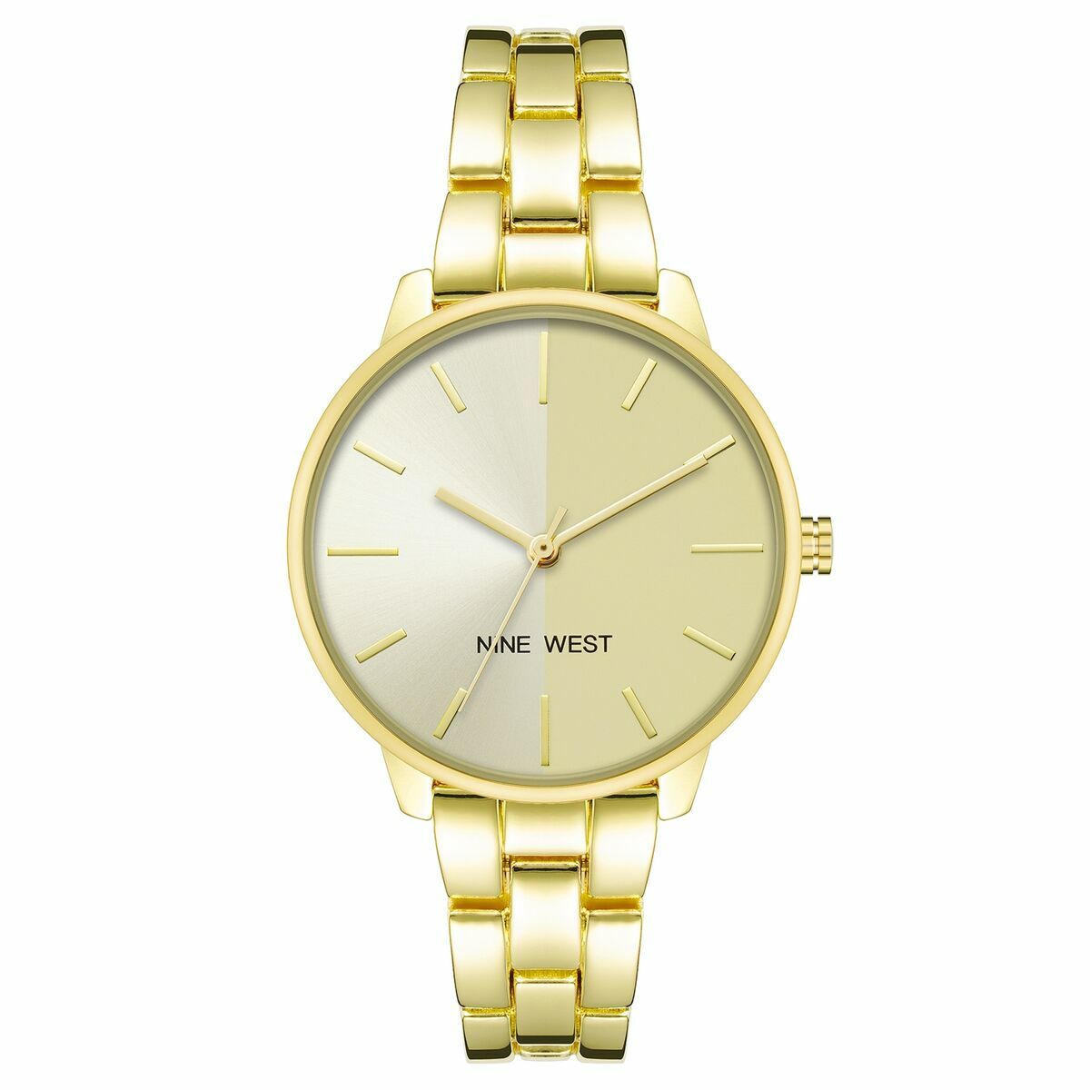 S0392339_0 Elegante Nine West Damenuhr ( 34 mm) in Gold mit spritzwasserbeständigem Gehäuse und robustem Quarzwerk.