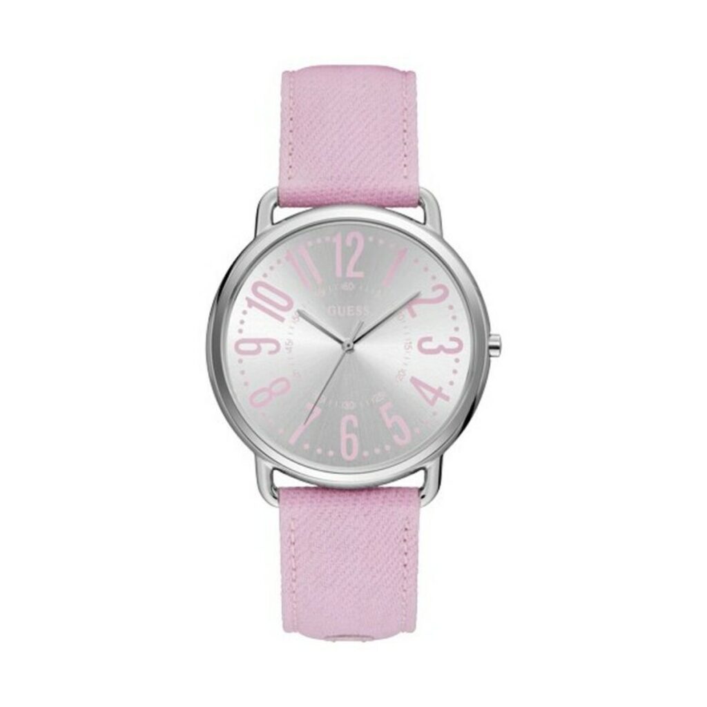 Elegante Guess Damenuhr mit rosa Textilarmband und silberfarbenem Edelstahlgehäuse.