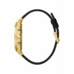 Guess Herrenuhr (44 mm) mit Edelstahlgehäuse und schwarzem Lederarmband, stilvoll und funktional.