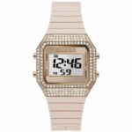 Guess Damenuhr (39 mm) in Gold und Rosa mit Edelstahlgehäuse und Silikonarmband, stilvolles Accessoire für jeden Anlass.