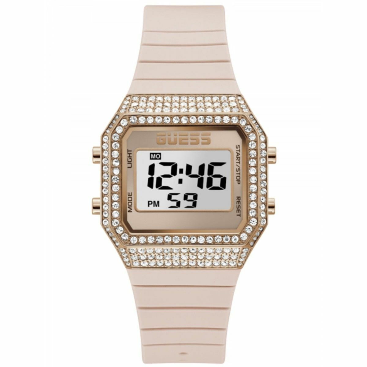 S0389281_0 Guess Damenuhr (39 mm) in Gold und Rosa mit Edelstahlgehäuse und Silikonarmband, stilvolles Accessoire für jeden Anlass.