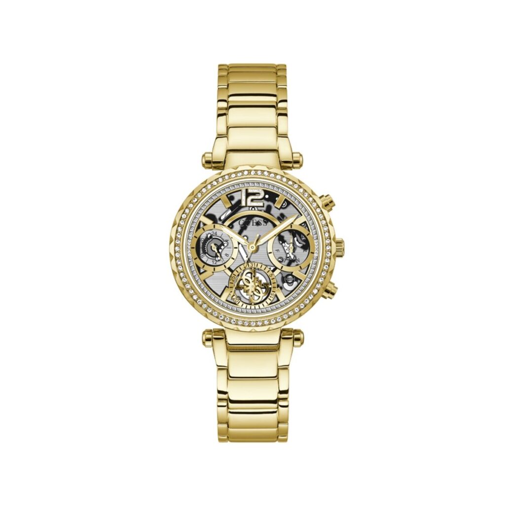 Guess Damenuhr Guess (37 mm) in elegantem Gold mit Edelstahlarmband und Quarzwerk.