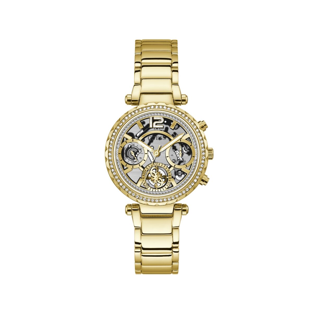 S0383998_0 Guess Damenuhr Guess (37 mm) in elegantem Gold mit Edelstahlarmband und Quarzwerk.