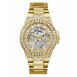 Guess Herrenuhr (44 mm) aus Edelstahl in Gold mit Quarzwerk und mineralischem Kristall.