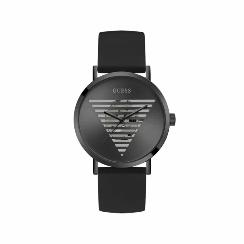 Guess Damenuhr (44 mm) in elegantem Schwarz mit Edelstahlgehäuse und Silikonarmband, perfektes Accessoire für jeden Anlass.