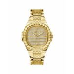 Guess Damenuhr (42 mm) in gold mit Edelstahlarmband und Quarzwerk, stilvolles Accessoire für jeden Anlass.