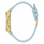 Guess Damenuhr (38 mm) in elegantem Design mit goldfarbenem Gehäuse und blauem Silikonarmband.