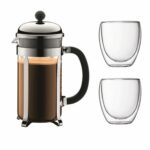 Kaffeebereiter Grau mit 8 Tassen von Bodum, elegantes Design aus Edelstahl und Borosilikatglas.
