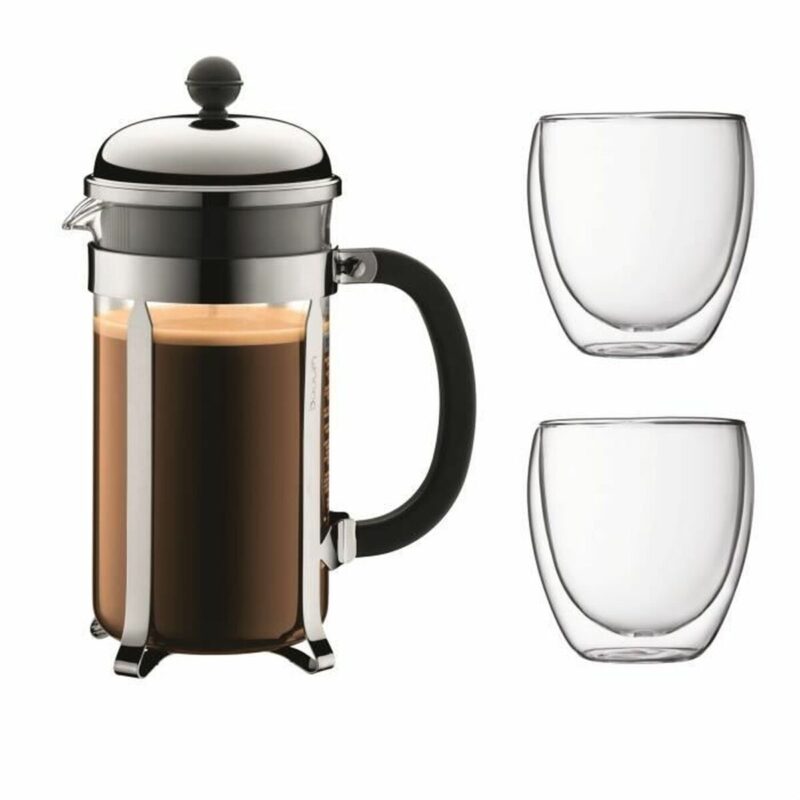 Kaffeebereiter Grau mit 8 Tassen von Bodum, elegantes Design aus Edelstahl und Borosilikatglas.