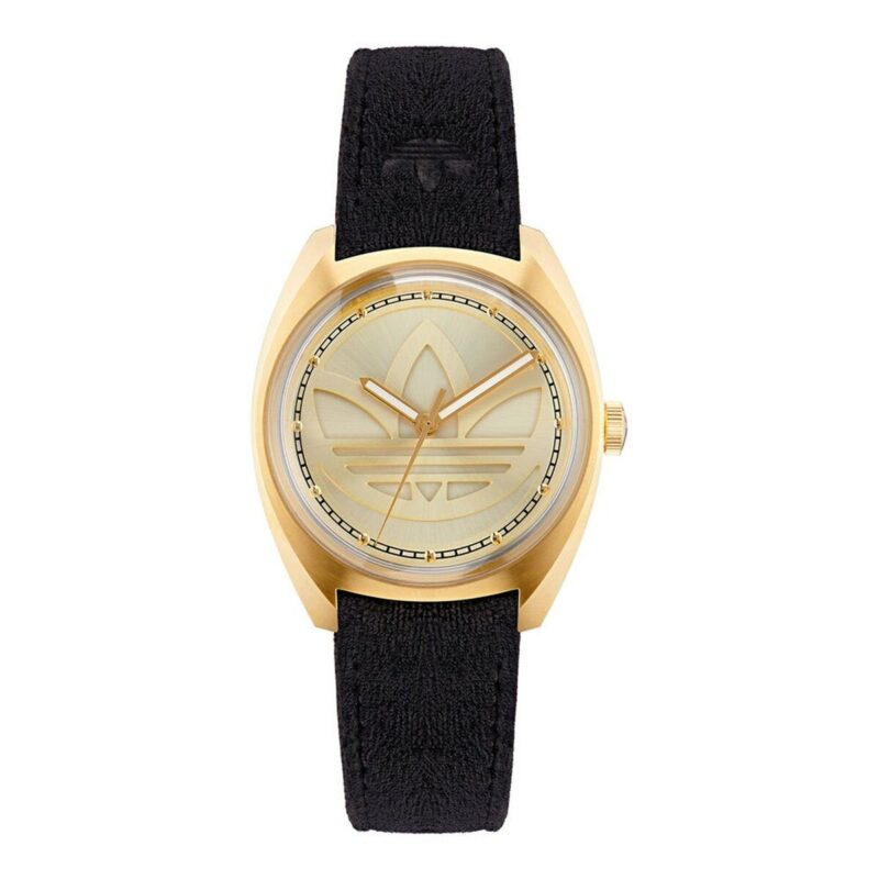 Elegante Adidas Damenuhr (39 mm) mit goldfarbenem Gehäuse und schwarzem Lederarmband.