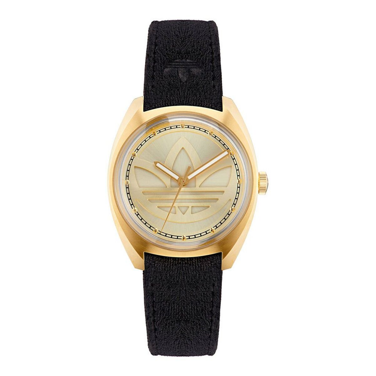 S0380245_0 Elegante Adidas Damenuhr (39 mm) mit goldfarbenem Gehäuse und schwarzem Lederarmband.