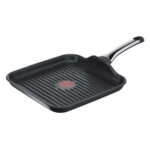 Tefal Grillpfanne aus Stahl schwarz mit Antihaftbeschichtung und elegantem Design, ideal für Grillgerichte.