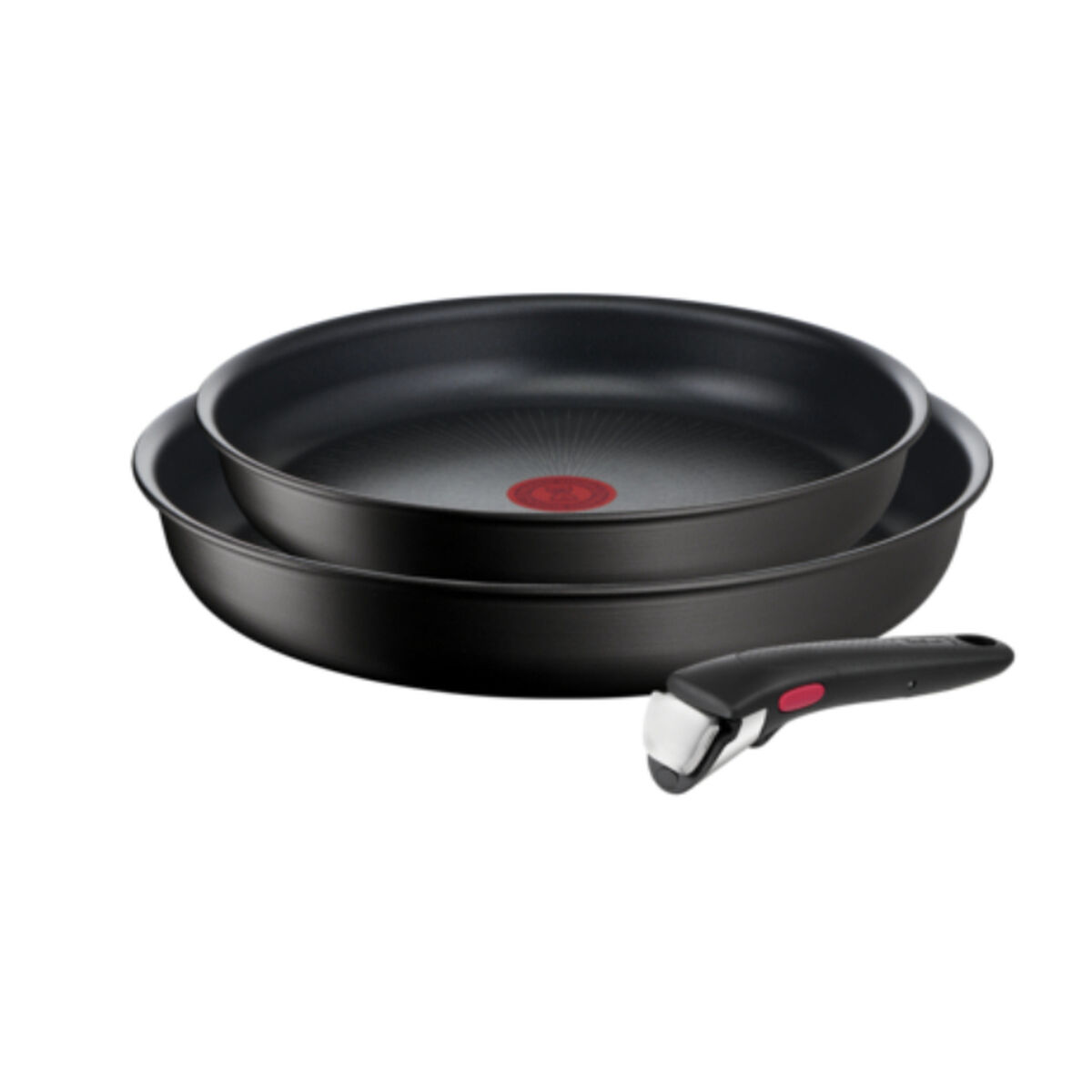 S7608295_0 Pfanne-Set Schwarz Aluminium Tefal 2 Stück, ideal für vielseitiges Kochen mit Antihaftversiegelung und leicht zu reinigen.