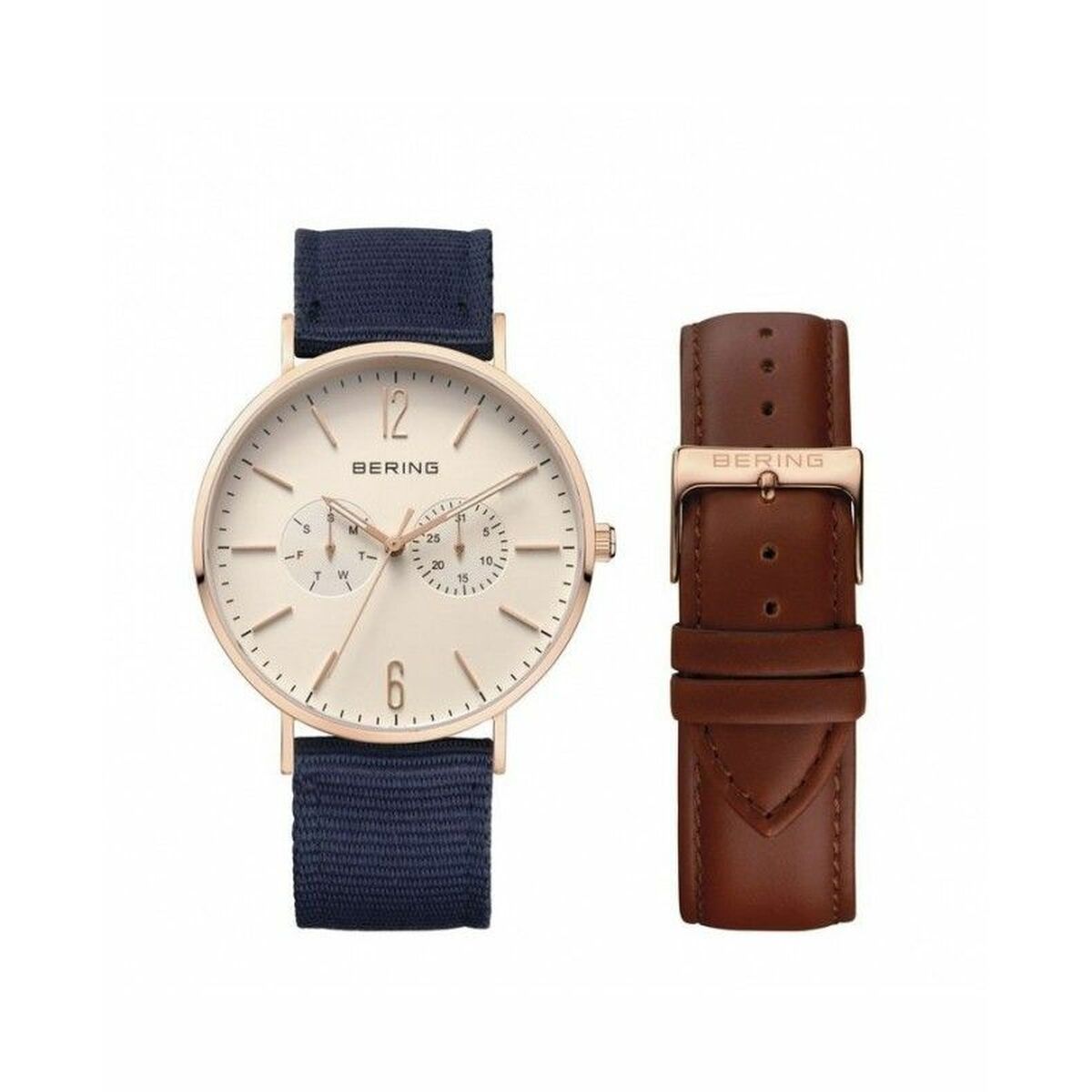 S0392879_0 Bering Herrenuhr (40 mm) mit Edelstahlgehäuse und Saphirglas, stilvolles blaues Stoffarmband