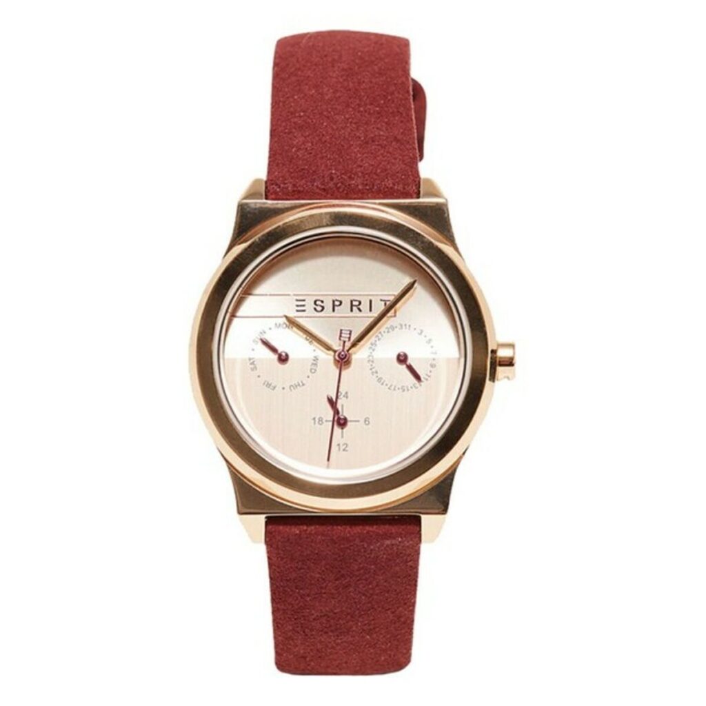 Esprit Damenuhr (36 mm) in Rosa und Rot mit Lederarmband und Edelstahlgehäuse, stilvolles Design für jeden Anlass.