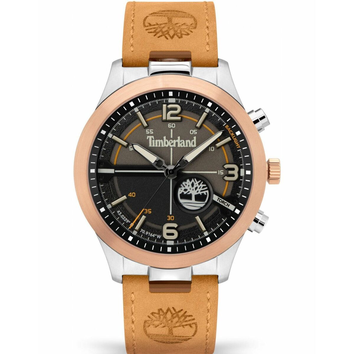 S0389233_0 Timberland Herrenuhr (44 mm) mit grauem Edelstahlgehäuse und braunem Lederarmband, ideal für stilbewusste Träger.