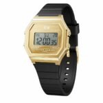 Ice Damenuhr (32 mm) aus Edelstahl mit schwarzem Silikonarmband und goldenen Akzenten.