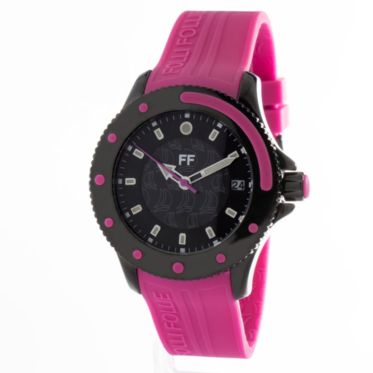 S0350094_0 Folli Follie Herrenuhr (Ø 40 mm) mit Edelstahlgehäuse und violettem Kunststoffarmband, stilvolles und funktionales Accessoire.