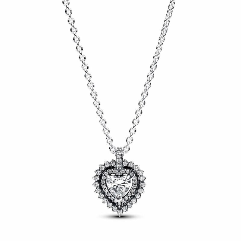 Elegante Damen Halskette Pandora Silber 925er mit Herz-Anhänger und Zirkonia im Pavé-Halo, ideal für besondere Anlässe.