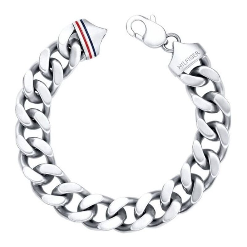 Herren-Armband von Tommy Hilfiger aus poliertem Edelstahl mit grober Panzerkette und emailliertem Logo.
