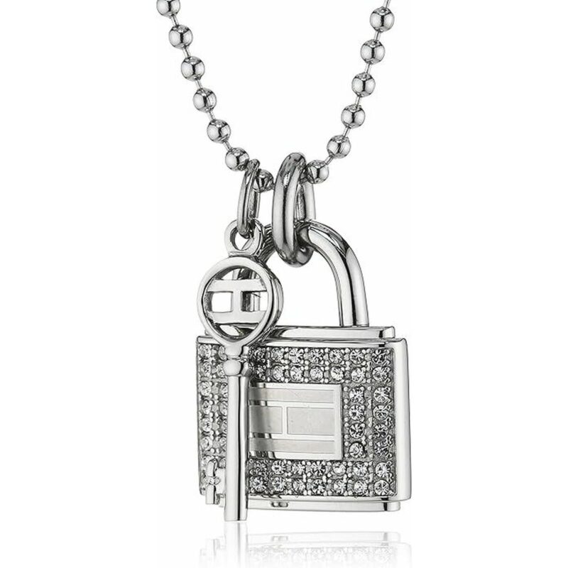 Elegante Damen Halskette von Tommy Hilfiger aus poliertem Edelstahl mit Schloss- und Schlüssel-Anhänger, besetzt mit weißen Kristallen.