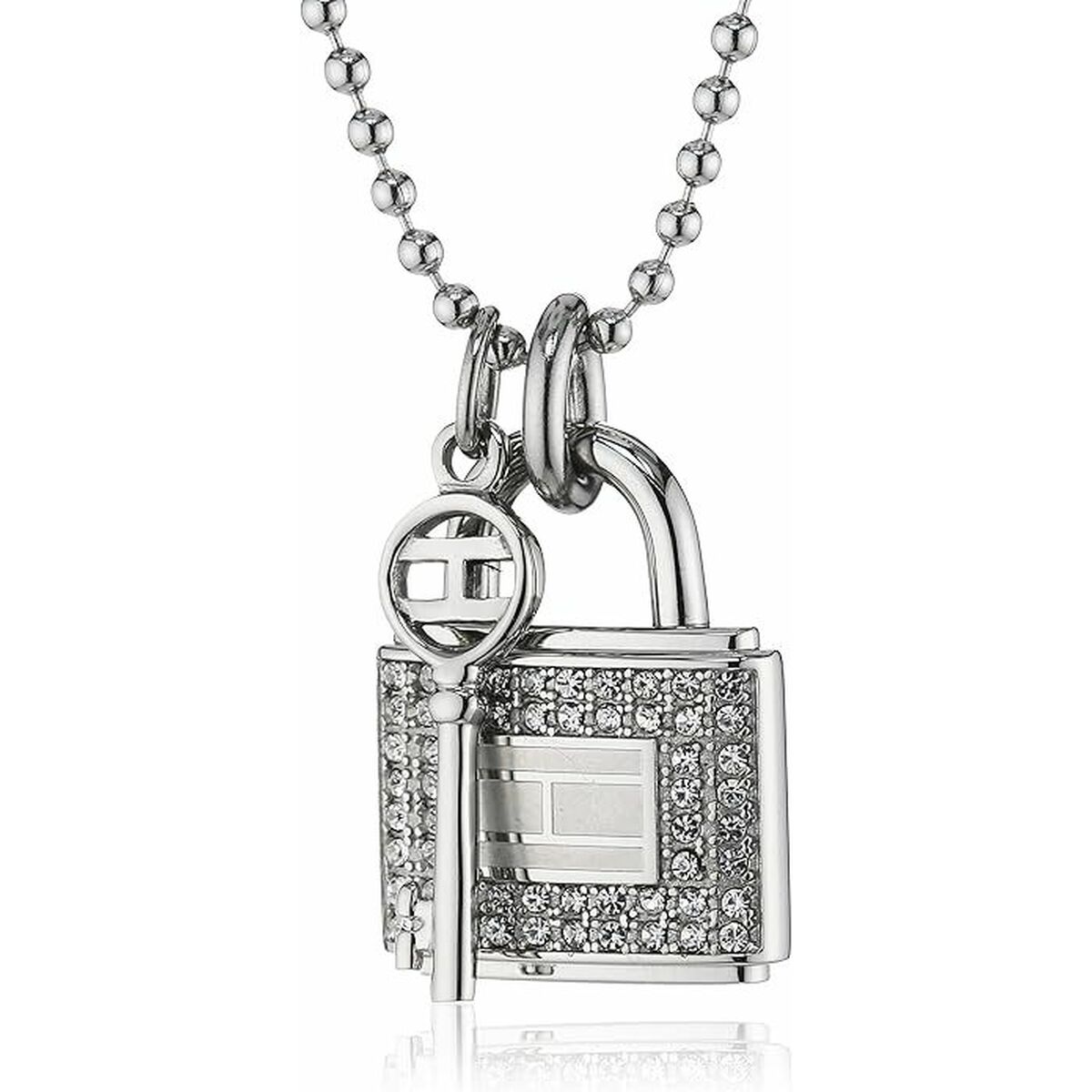 S0392405_0 Elegante Damen Halskette von Tommy Hilfiger aus poliertem Edelstahl mit Schloss- und Schlüssel-Anhänger, besetzt mit weißen Kristallen.
