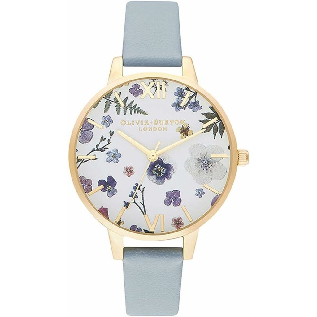 Olivia Burton Damenuhr (34 mm) mit Edelstahlgehäuse und blauem Kunstlederarmband, elegantes Design für jeden Anlass.