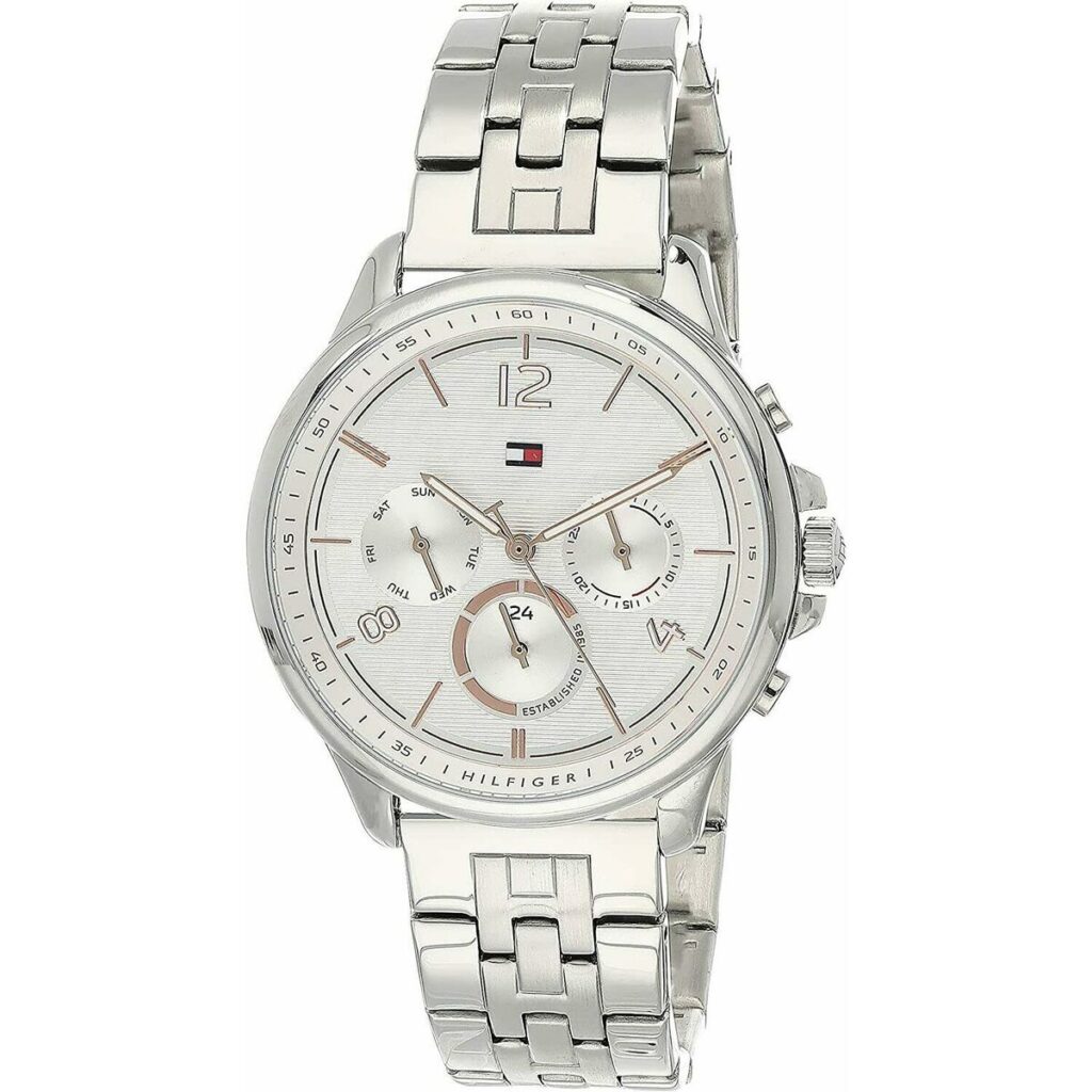 Elegante Tommy Hilfiger Damenuhr (38 mm) aus Edelstahl mit grauem Armband und Quarzwerk.
