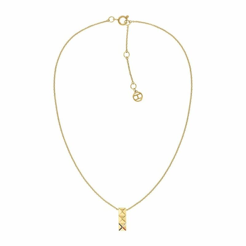 Elegante Damen Halskette Tommy Hilfiger aus goldfarbenem Edelstahl mit Bar-Anhänger und TH-Logo.