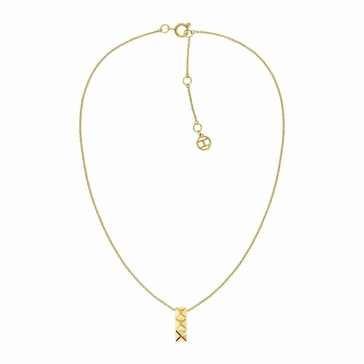 S0388037_0 Elegante Damen Halskette Tommy Hilfiger aus goldfarbenem Edelstahl mit Bar-Anhänger und TH-Logo.