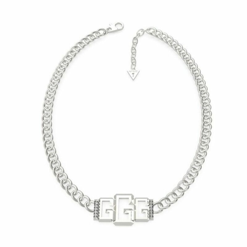 Elegante Damen Halskette von Guess aus silberfarbenem Edelstahl mit modernem Glieder-Design und Triple-G Logo.