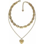 Elegante Damen Halskette Guess Gold aus Edelstahl mit Herzanhänger und Logo-Gravur im Layering-Look.
