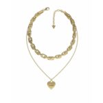 Elegante Damen Halskette Guess Gold aus Edelstahl mit Herzanhänger und Logo-Gravur im Layering-Look.