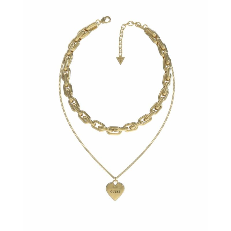 Elegante Damen Halskette Guess Gold aus Edelstahl mit Herzanhänger und Logo-Gravur im Layering-Look.