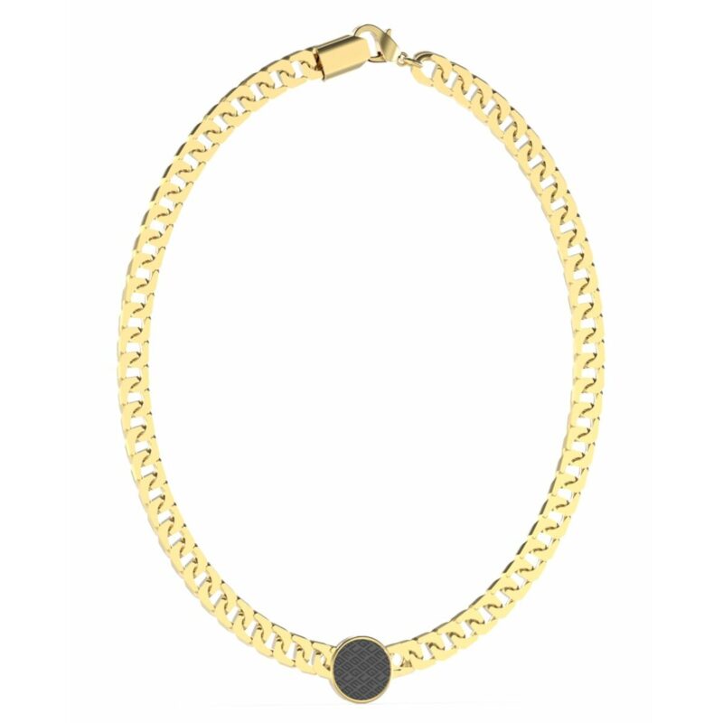 Elegante Damen Halskette Guess Gold aus Edelstahl mit geometrischem schwarzen Inlay, ideal für jeden Anlass.