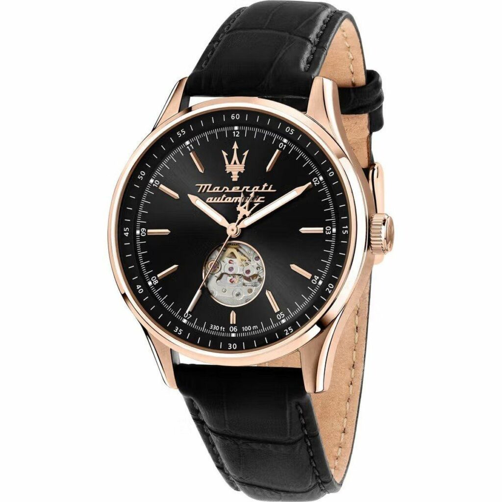 Maserati Herrenuhr (42 mm) mit Edelstahlgehäuse und schwarzem Lederarmband, elegantes Design für jeden Anlass.