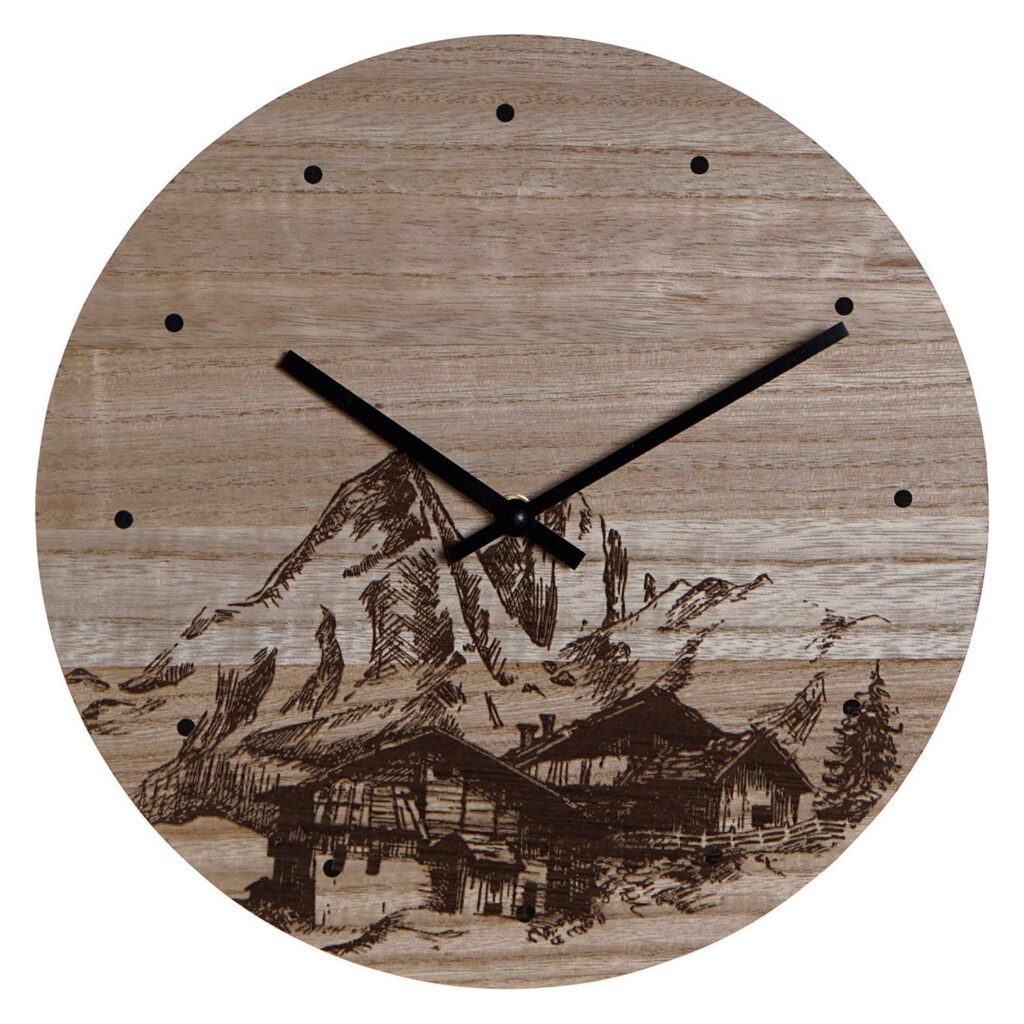 Wanduhr Schwarz Holz MDF von DKD Home Decor mit Bergdesign, 30x30 cm, rund, aus hochwertigem Holz MDF und Aluminium.