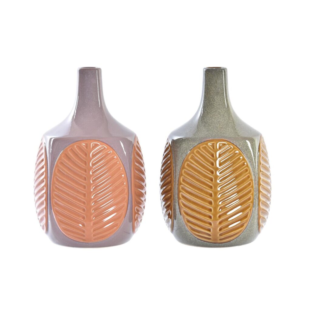 Vase Braun Rosa Steingut von DKD Home Decor im Pflanzenblatt-Design, Set mit 2 Stück, ideal für stilvolle Dekoration.