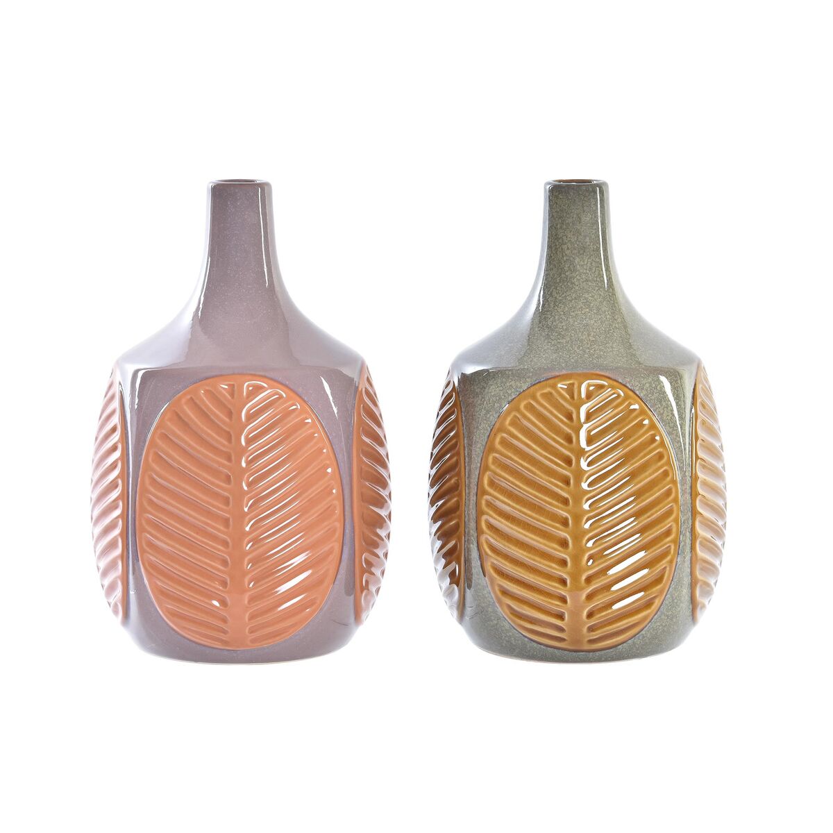 S3031786_0 Vase Braun Rosa Steingut von DKD Home Decor im Pflanzenblatt-Design, Set mit 2 Stück, ideal für stilvolle Dekoration.