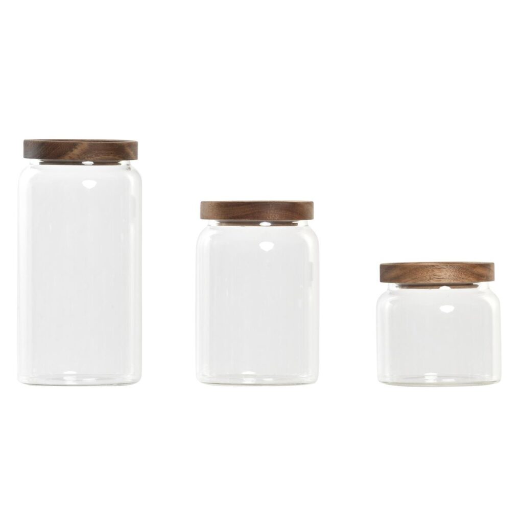 Vorratsglas-Set 3-tlg. aus Akazienholz und Borosilikatglas von DKD Home Decor, ideal für die stilvolle Aufbewahrung von Lebensmitteln.