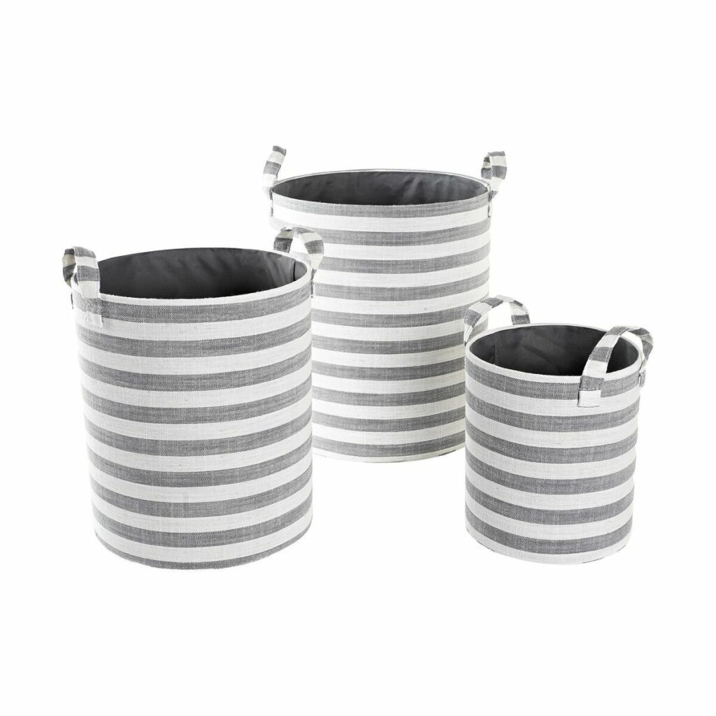 Dekokorb-Set Weiß-Grau Gestreift DKD Home Decor – 3 Stücke aus Baumwolle mit modernem Streifen-Design und praktischen Griffen.