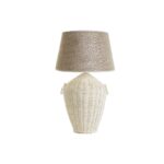 Tischlampe Weiß Braun DKD Home Decor - elegante Tischlampe aus Stoff, Leinen und Rattan mit tropischem Design.