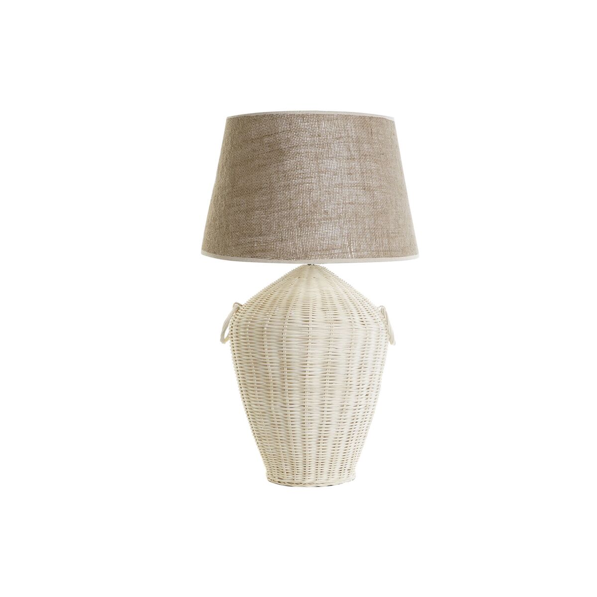 S3052678_0 Tischlampe Weiß Braun DKD Home Decor - elegante Tischlampe aus Stoff, Leinen und Rattan mit tropischem Design.
