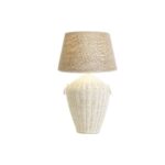 Tischlampe Weiß Braun DKD Home Decor - elegante Tischlampe aus Stoff, Leinen und Rattan mit tropischem Design.