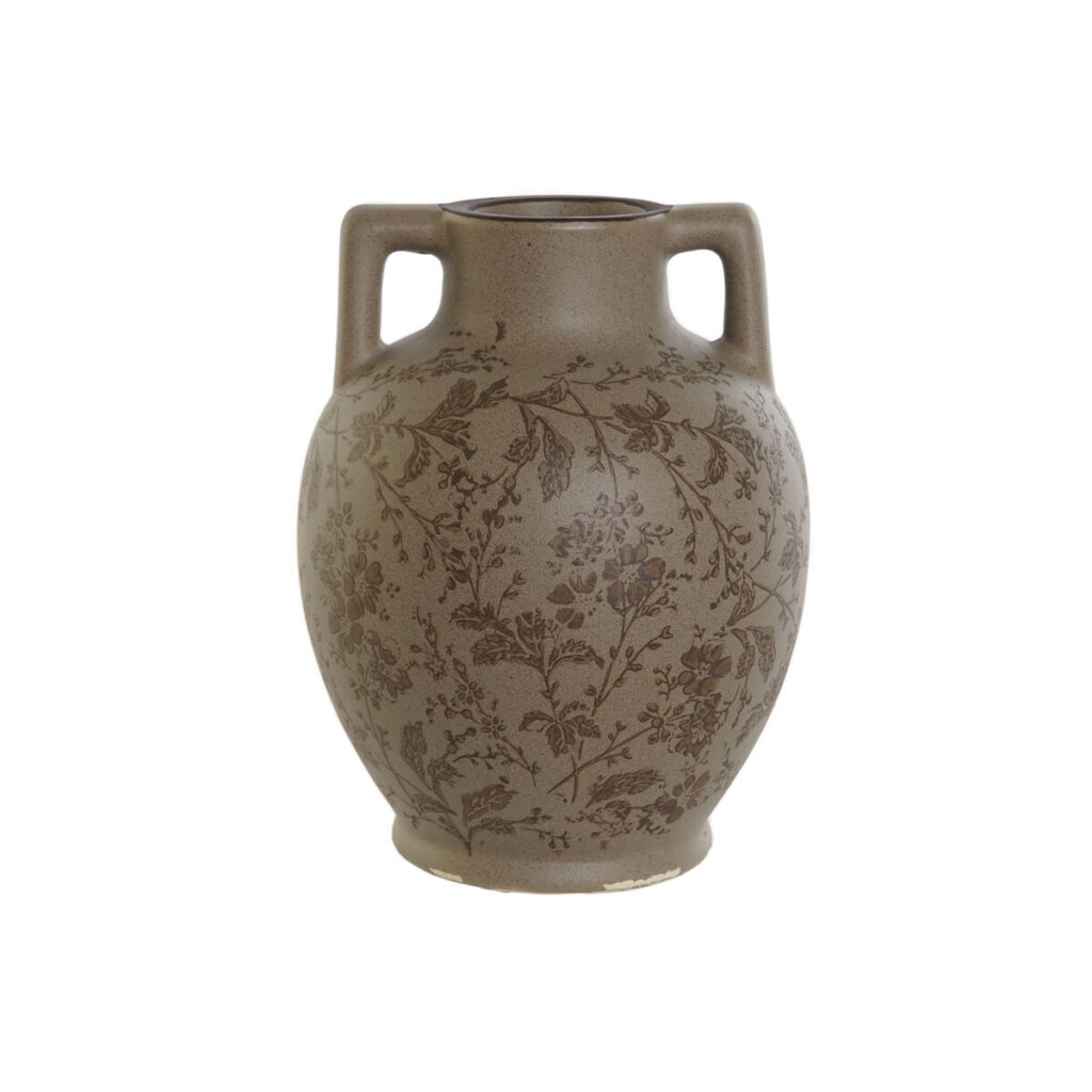 Vase Braun-Grün von Home ESPRIT aus Steingut mit Blattmotiv, ideal für stilvolle Dekoration und Pflanzenarrangements.