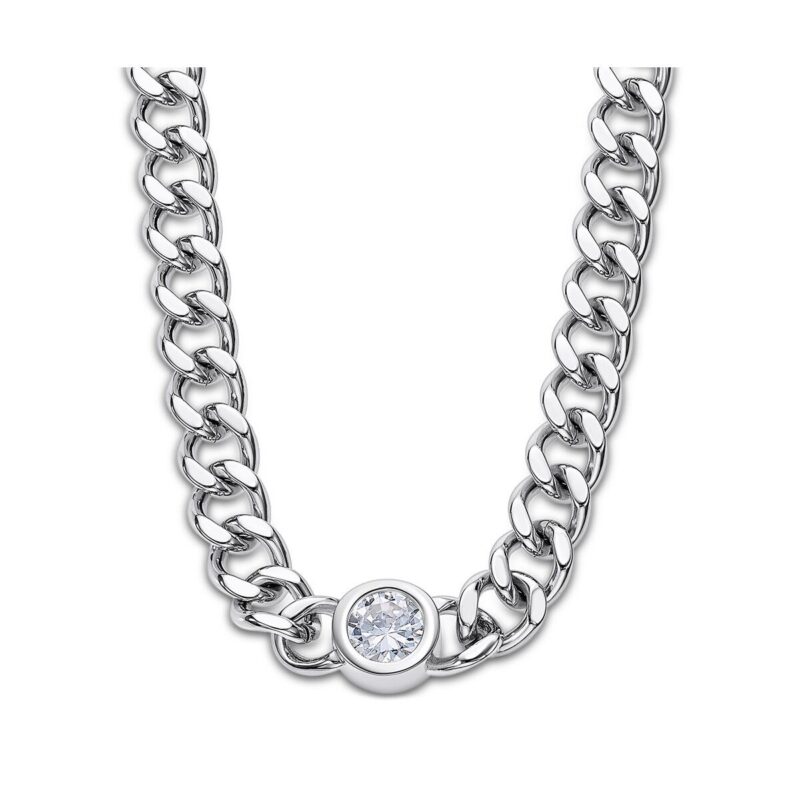 Elegante Damen Halskette Lotus Style aus poliertem Edelstahl mit Zirkonia-Stein in Zargenfassung.