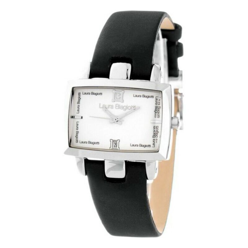 Elegante Laura Biagiotti Herrenuhr mit Edelstahl-Gehäuse und schwarzem Lederarmband, Durchmesser 35 mm.