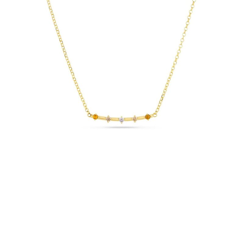 Damen Halskette Radiant Gold Edelstahl mit geschwungenem Bar-Anhänger und Zirkonia-Steinen in Bernstein- und Champagner-Tönen.
