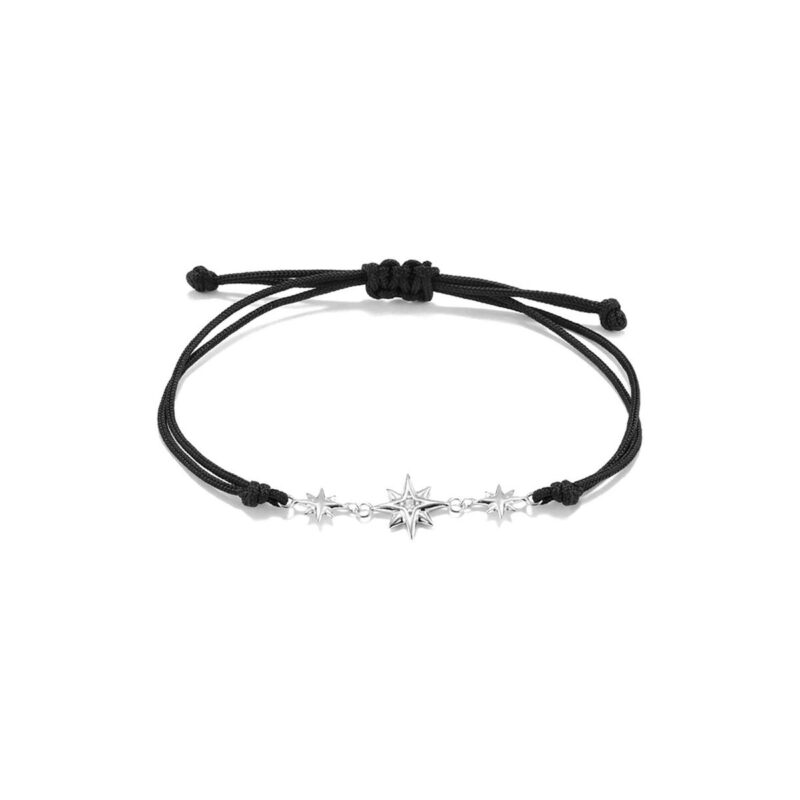 Damen-Armband Radiant Schwarz Schnur/Metall mit Kompassrose und Zirkonia, verstellbar und stilvoll.
