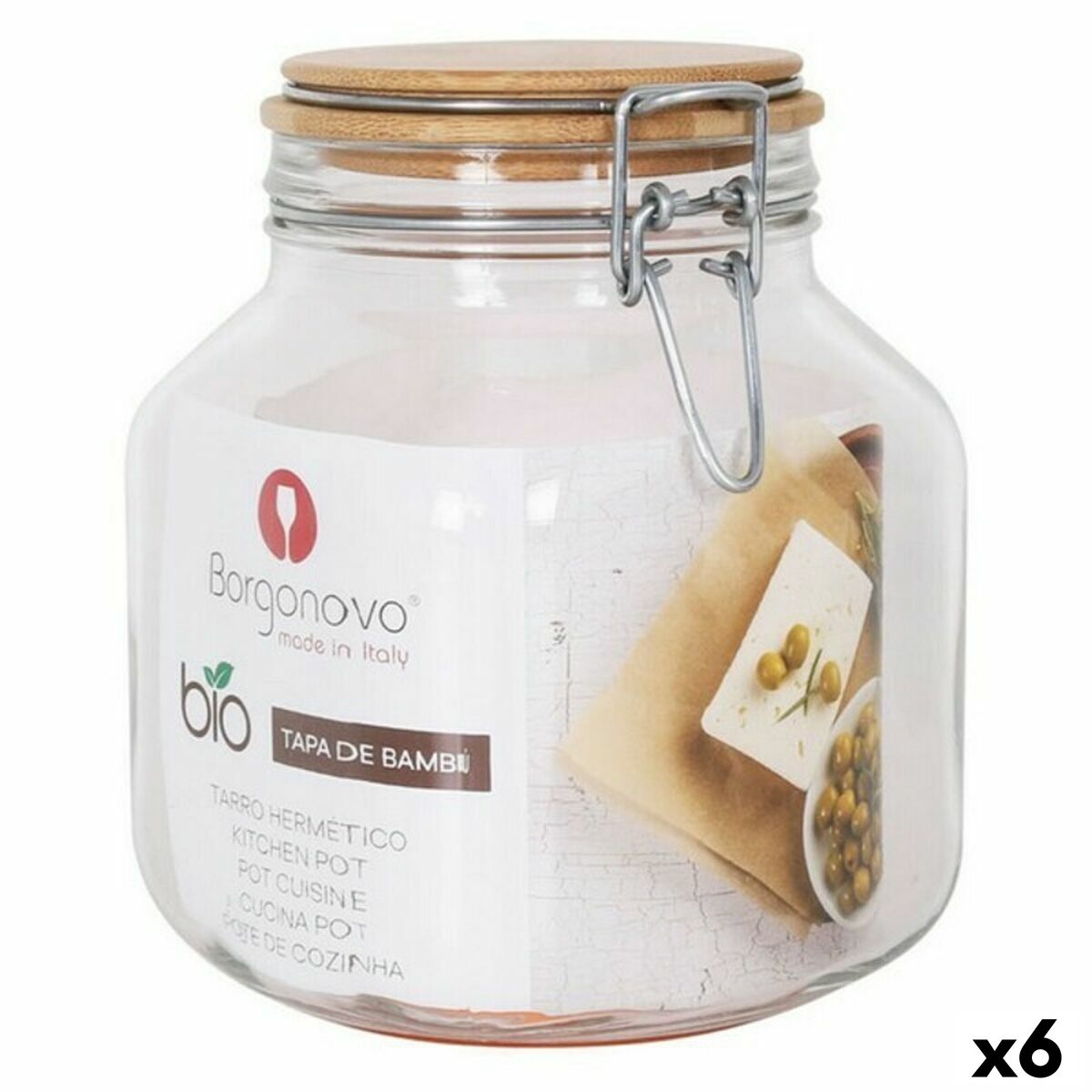 S2227419_0 Vorratsglas-Set Primizie Bambus 2L von Borgonovo, 6 luftdichte Gläser für die stilvolle Aufbewahrung von Lebensmitteln.